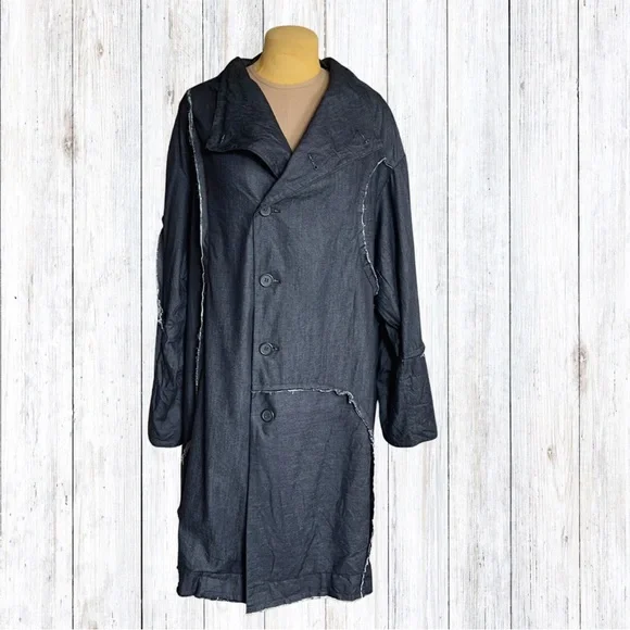 Moyuru Indigo Denim Collard Trench Coat 100% Cotton Japanese 213487 M One Size - Picture 2 of 16